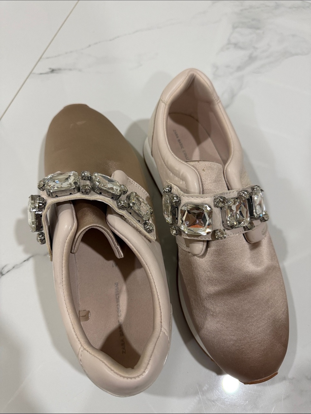 Zara Pale Pink Satin Slip-On Sneakers with Crystal Straps